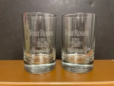 Two (2) Etched Four Roses Bourbon Whiskey Taster Rocks Glasses - 3 1/2" Tall