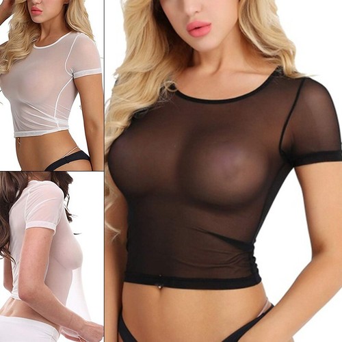 Fashion Tops Blouse Tight Mesh Short sleeve Transparent Shirts T-shirt - Picture 4 of 22