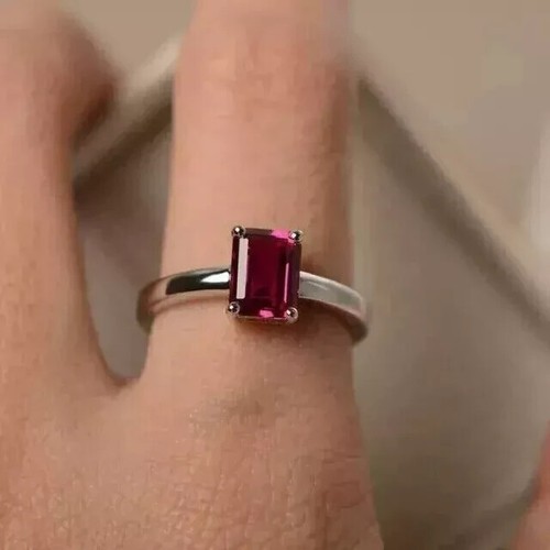 Lab-Created Ruby 2.00Ct Emerald Cut Solitaire Ring 14K White Gold Plated Silver - Picture 7 of 7