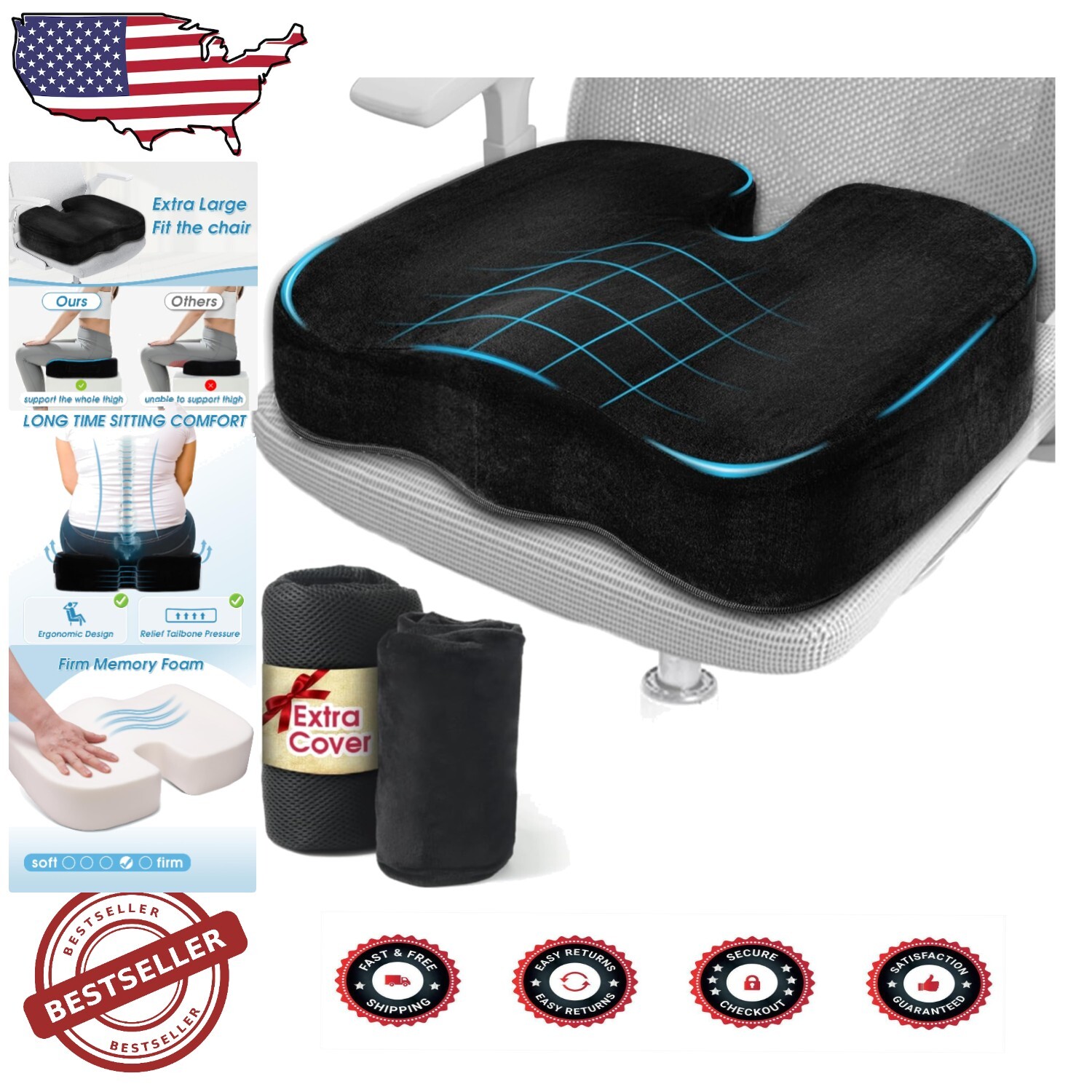 Large 19x16-Inch Memory Foam Seat Cushion with Dual Covers for Versatile Comfort