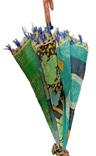 Umbrella Natural Embroidered Parasol Sun Shade Wood Handle Colorful