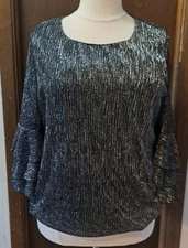 Alfani Blouse Size 2X New Silver & Black Long Bell Sleeve Scoop Neck NWT