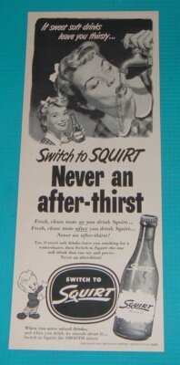 1952 PRINT AD~SQUIRT SODA POP Girl Drinking From Water Faucet No After Thirst