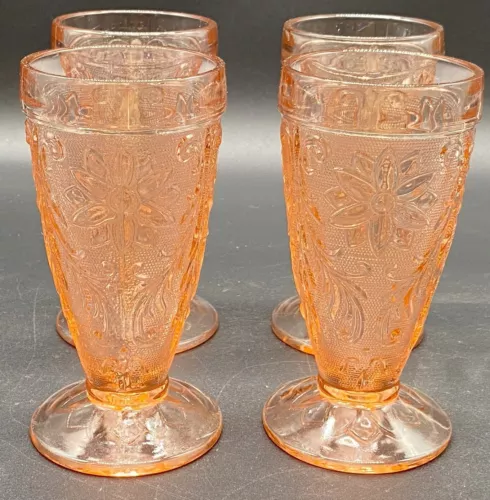 (4) 6.25" 10oz FOOTED TUMBLER GLASS, TIARA PINK PEACH, ICED TEA