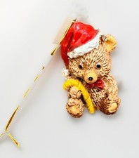Vintage Teddy Bear Christmas Miniature Ornament Santa Hat Hand Painted