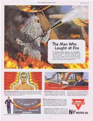 1949 Conoco Motor Oil Firefighter The Man Who Laughs at Fire Print Ad
