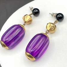Vintage Gold-Tone Purple Plastic Barrel Bead Fashion Classic Dangle Earrings