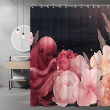 Pink Octopus Floral Shower Curtain Black Background