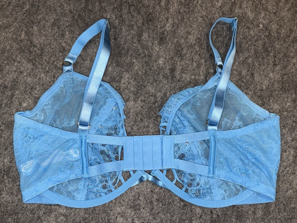 Victoria's Secret Very Sexy 36DDD Strappy Low Cut Demi Bra Blue Lace