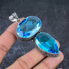 Swiss Blue Topaz Gemstone 925 Sterling Silver Jewelry Pendant 3.35" q655