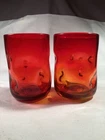 Pair VTG Blenko Ruby Red Amberina Pinched Dimple 4.5” Art Glass Low Ball Tumbler
