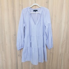 Eloquii Striped Tiered Mini Dress 14/16 Purple Long Sleeve Cotton Cottage Preppy