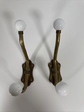 Set of Vintage Brass Porcelain Knob Wall Mount Double Towel Hanger Coat Hooks