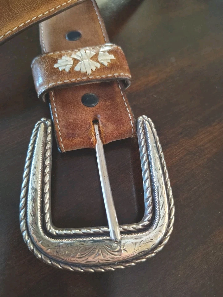 Cinturón Western Nocona de cuero marrón tooled para hombre detalles plateados talla 36 Foto 2 de 4
