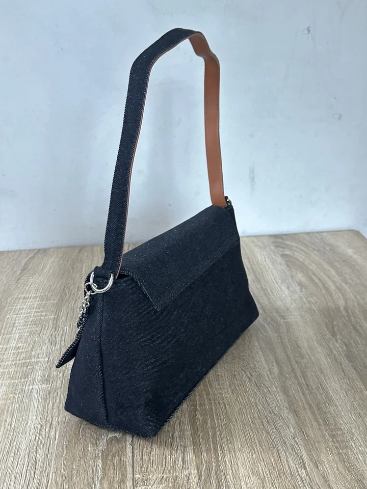 Shoulder Bag Denim Black Size MEDIUM Metal Chain Double Straps Travel Bag Jeans - Image 4 of 4