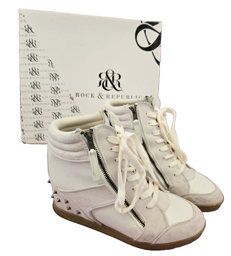 Rock & Republic Studded Wedge Sneakers Women Size 8.5 White KayDenice Double Zip