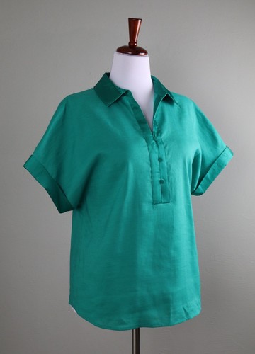 CHICO'S $109 Green Boxy Linen Satin Collar Top Size 2 US 12 / 14 / Large - Picture 2 of 6