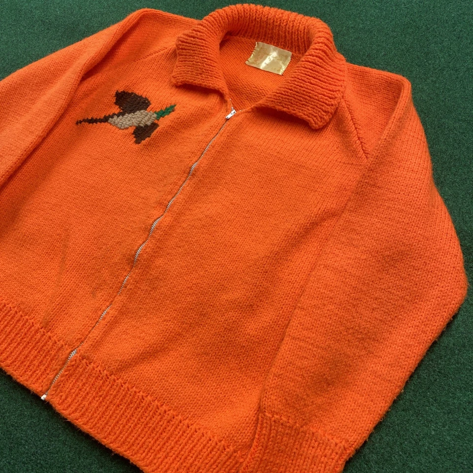 Vintage 50S Cowichan Sweater Mens M Orange 60S Full Zip Heavy Knit Bird Hunting - Image 3 of 4