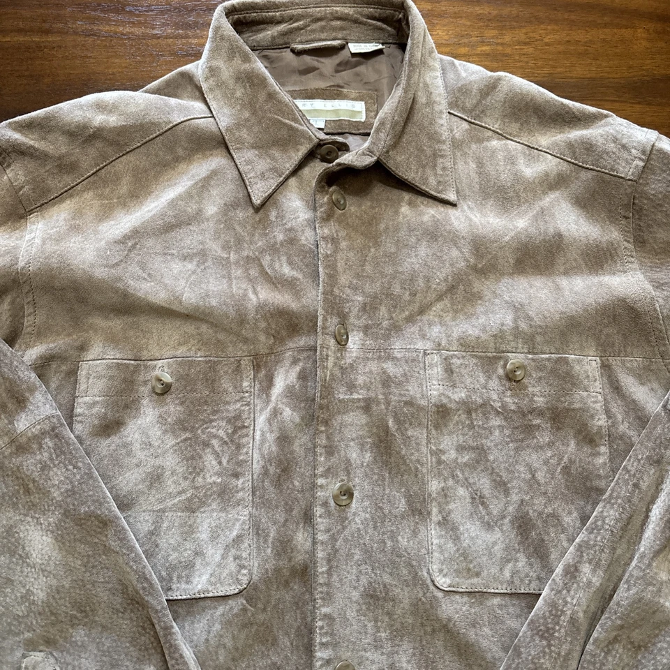 Vintage Perry Ellis Men's Size Large Leather Shirt Jacket Button Up Brown Suede - Image 3 of 4