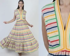Vtg 70s Victor Costa Neiman Marcus Dress Rainbow Striped Long Prairie Boho Maxi