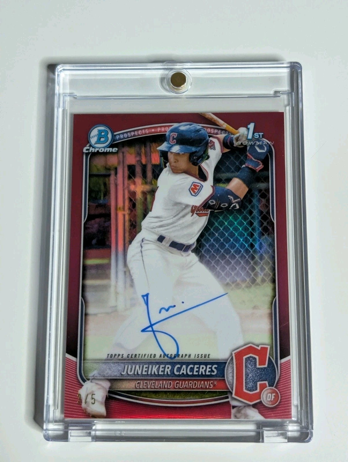 Juneiker Caceres 2025 Bowman Chrome 1st True Red Refractor Auto /5 Guardians view 12