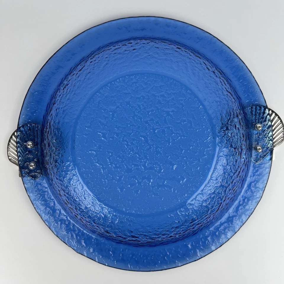 RARO Mud Pie Ocean tigela de vidro azul escuro 15" detalhes de concha costeira náutica vintage - Imagem 3 de 4