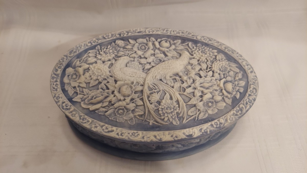 Incolay Stone Oval Jewelry Box with Birds Of Paradise Phoenix Blue