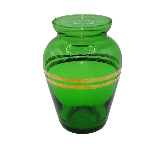 1950er grüne Anchor Hocking kurze Knospe Blumenvase Goldbänder 3,75" Höhe x 3" Breite MCM