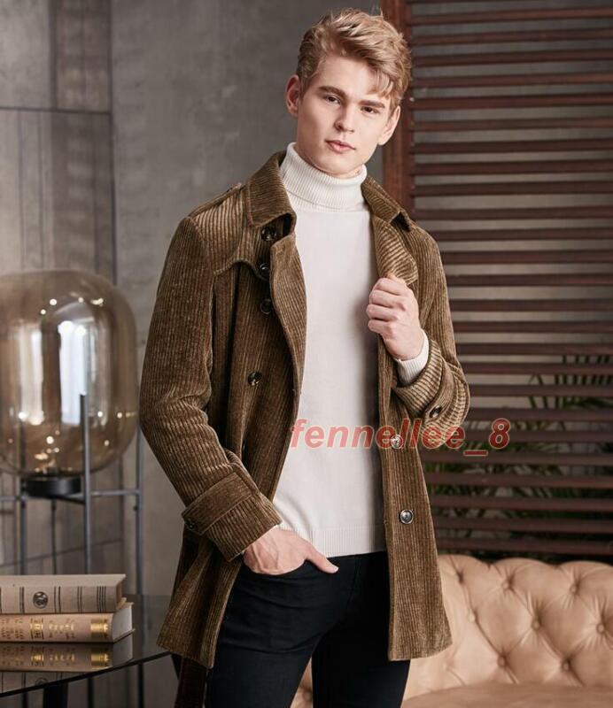 Men Retro Corduroy Trench Jacket Double Breasted Belt Men Retro Corduroy Trench Jacket Double Breasted Belt