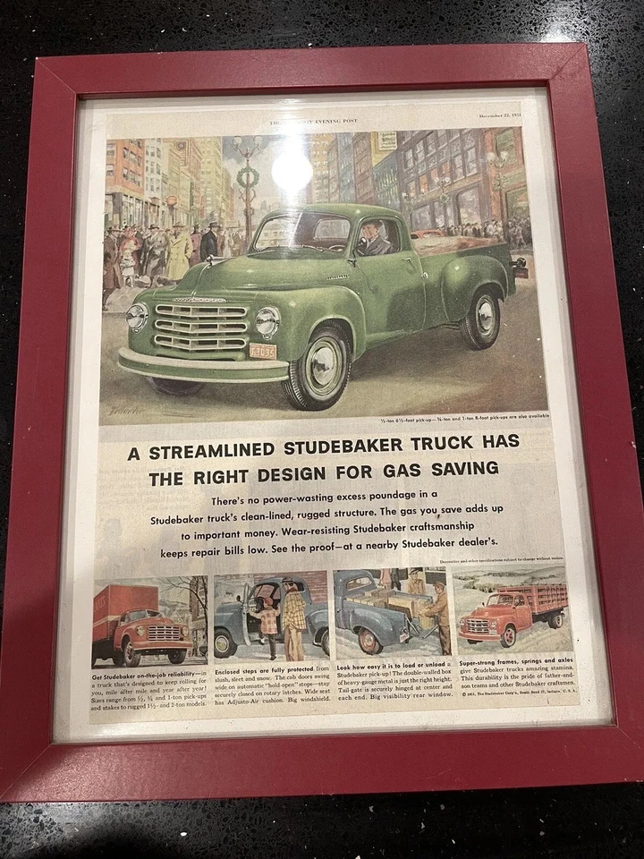 TWO FRAMED 1950 s Studebaker Trucks new models city work trucks VINTAGE ART - Image 4 of 4