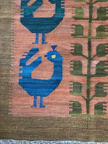 VINTAGE 60s DANISH WOVEN RUG BIRD MOTIF WAWEL BROSTE ORIGINAL LABEL 106 X 90cm - Picture 19 of 21