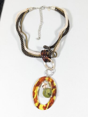 Chico's Brown Cord Green Round Charm Faux Tortoise Pendant Necklace 21 inch - Picture 2 of 8
