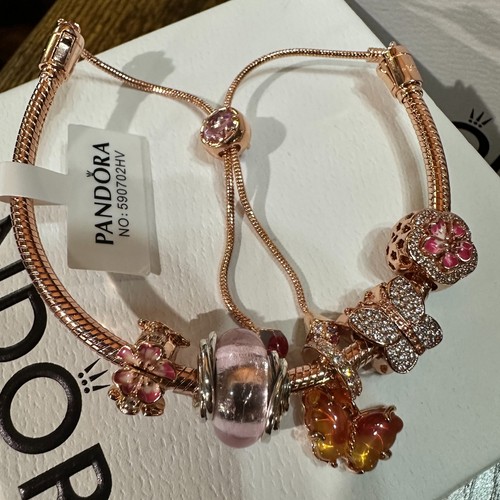 Pandora Genuine Rose Gold Slider Bracelet, 5 Cherry Blossom Charms, One Size - Picture 2 of 10