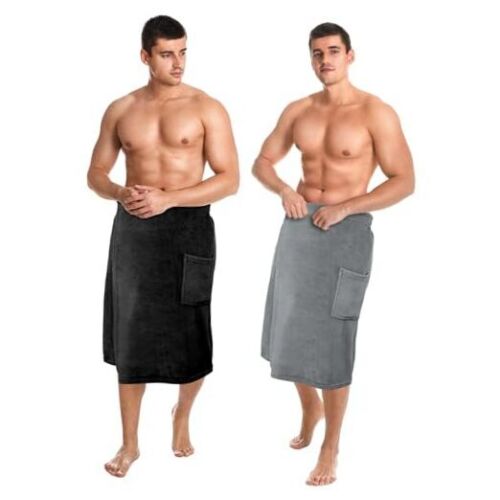 2 Pcs Men's Bath Wrap Towel Shower Wrap Towel Adjustable Large Black, Gray