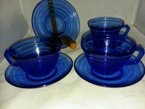 Moderntone Cobalt Blue Hazel Atlas 3 Cups 4 Saucers Glasses Depression Vintage