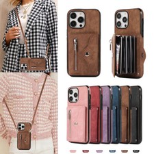 For iPhone 17 16E 15 14 12 11 7 Magnetic Leather Card Stand Wallet Case W/ Strap