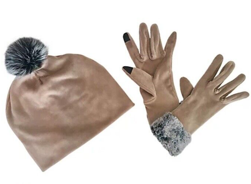 NWT Sprigs Velvet Beanie Faux Fur Pom Pom + Velvet Gloves Taupe Set One Size