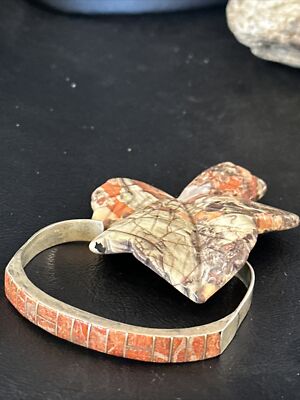 Native Old Pawn Navajo Sterling Silver Inlay Red Spiny Oyster Bracelet 14532