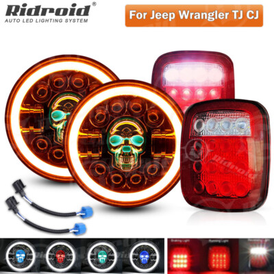 DOT 7inch LED Headlights RGB + Tail Lights Combo For Jeep Wrangler TJ 1997-2006