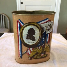 VINTAGE J. L. CLARK METAL TRASH CAN, EMBOSSED , EARLY AMERICAN , USED