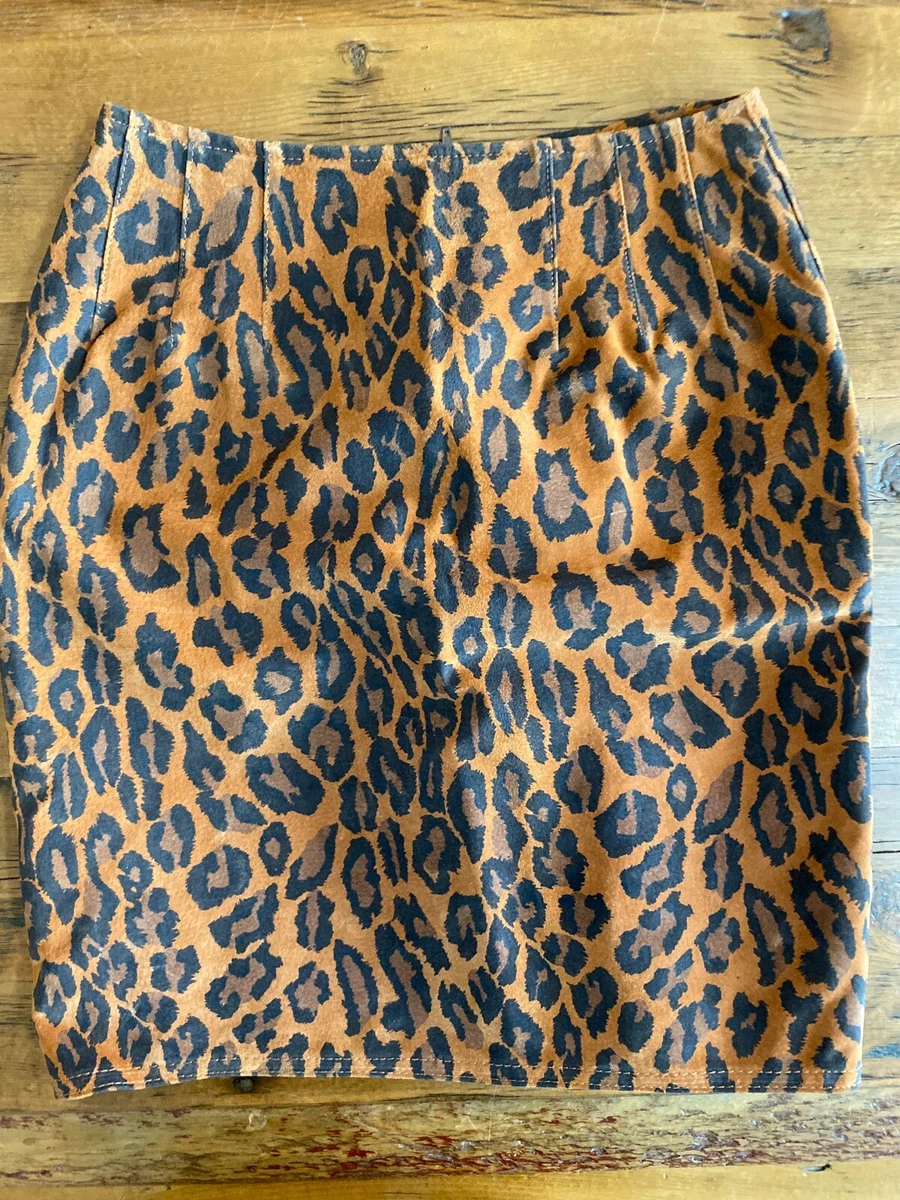 Melanzona Suede Leather Cheetah Pencil Skirt Animal Print Vtg