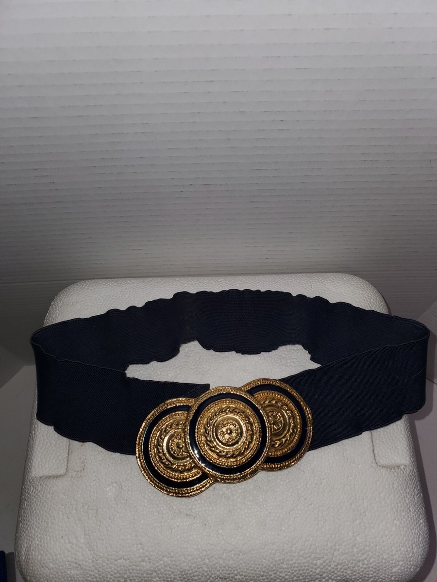 Nan Lewis Wide Belt Oversized Gold Medallion + Navy Stretch Strap Vintage Nan Lewis Navy Fabric Stretch Belt With Large Gold  main image 2