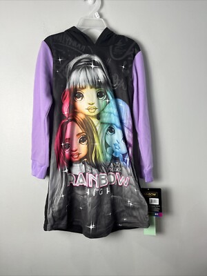 Rainbow High Hoodie Nightgown Pajamas-6/6X-Fleece-Black-Purple