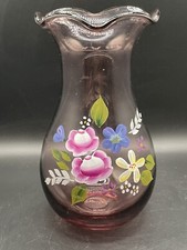 Fenton Floral HAND PAINTED PURPLE VASE WITH RUFFLED EDGE 8" TALL