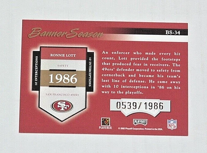 2002 Prestige Banner Season #BS-34 Ronnie Lott 539/1986 - Image 2 of 2