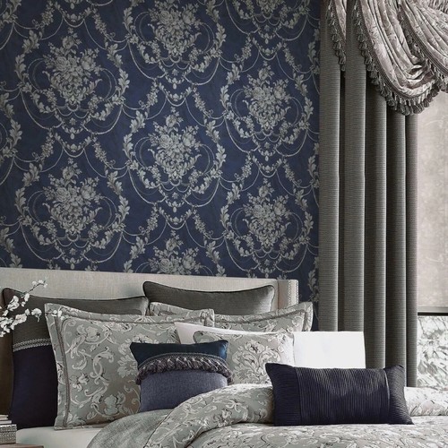 Debona Perla Damask Wallpaper Textured Vinyl Blue Metallic Silver Victorian DIY - Picture 6 of 6