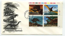 2422-25 Dinosaurs ArtCraft plate block, PB4, FDC