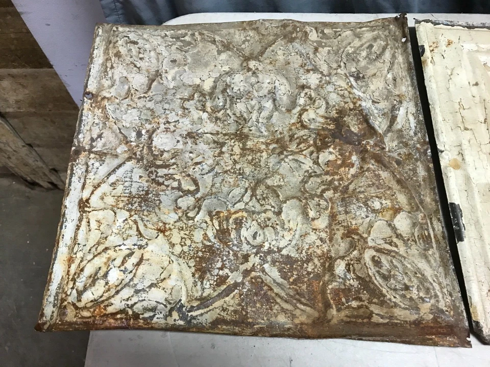 12 Sq ft Antique Shabby Tin Ceiling 12" x 12" Ceiling Tin Panels VTG Old 462-24B - Image 4 of 4