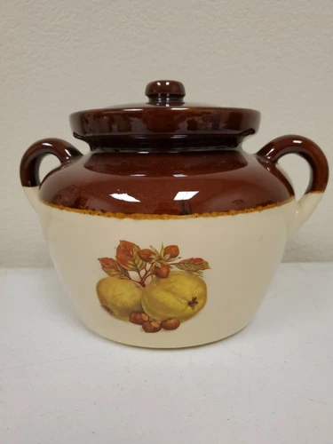 Vintage McCoy Pottery 342 Bean Pot Brown Tan Ovenproof Double Handle With Lid