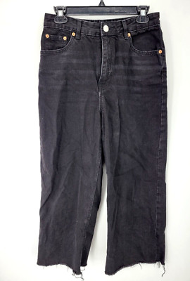 Pull and Bear Jeans Womens 8 Black Wash Wide Leg Raw Hem Baggy Denim Y2K 90s